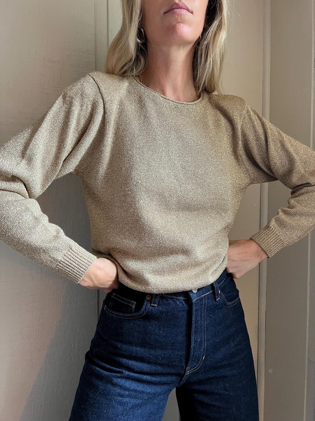 80s Domanni Cardigan| Vintage Metallic Festive Sweater| Gold-Tone Shimmery Women's Festive Crew neck