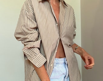 Vtg Claiborne Stripe Long Sleeve Button Up, Vintage Men’s Beige and Grey Oversized Shirt, Button Down Top, Boyfriend Oxford Shirt