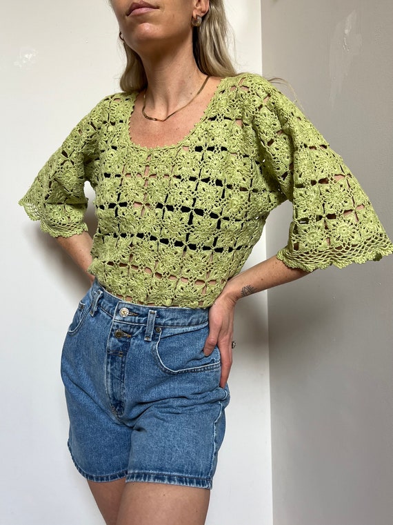 Vtg Hand-Knit Patchwork Crochet Top, Vintage Lime… - image 8