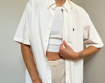 Vtg Ralph Lauren Seersucker Oxford, Vintage 90s White Textured Short Sleeve Button Down Shirt, White Polo Button Up, Mens Collared Shirt