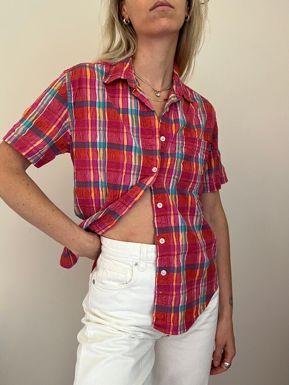 Vintage BLASSPORT Ruched Cotton Plaid Short Sleeve