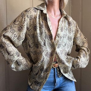 Vtg Paisley Sheer Blouse, Vintage Brown Beige Country Chic Blouse, Oversized Sheer Blouse