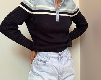 Vtg Cotton Polo Sweater Knit, Vintage Sky Blue Navy White Cotton Sport Sweater, 1/4 Zip Pullover Knit, Collared Sweater