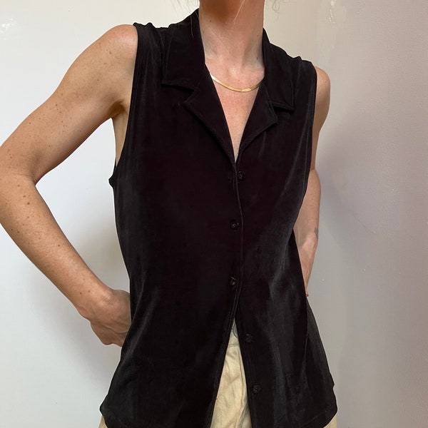 Vtg Slinky Collared Tank, Vintage Black Stretch Knit Sleeveless Button Down Top, 90s Stretch Tank