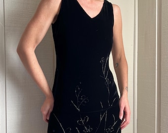 Vtg 90er Jahre Samt Minikleid, Vintage LBD, Kleines Schwarzes mit Perlenstickerei, Samt Minikleid