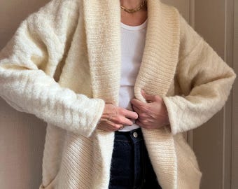 cantateカンタータ Long Hair Mohair Cardigan Long Gray Mohair Cardigan With Ribbed Elastic Pattern Thick
