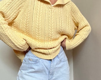 Vtg Talbots Polo Fisherman Knit Sweater, Vintage Butter Yellow CableKnit Sweater, 90s Pullover Cotton Sweater