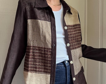 VTG jaren 90 patchwork blazerjas, vintage chocoladebruine pied-de-poule patchblazer, vintage sportjas, lichtgewicht decoratieve blazertop