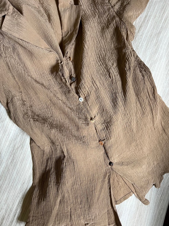 Vtg Pleated Silk Blouse, Vintage Tan Brown Short … - image 10