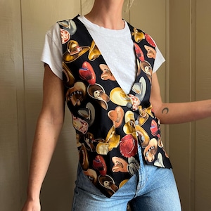 Vtg 90s Western Hats Vest, Vintage Black Sleeveless Vest Tank with Hat Print, Southwestern Motif Vest