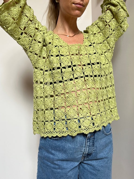 Vtg Hand-Knit Patchwork Crochet Top, Vintage Lime… - image 5