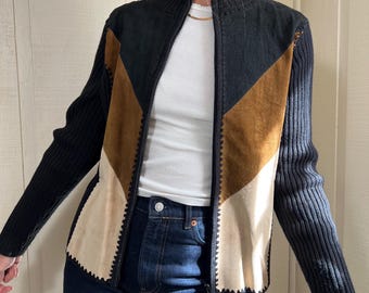 Vtg 90s Leather Patchwork Long Sleeve Sweater, Vintage Black Tan Brown Sweater Jacket Top, Knit Zip Front Top, Leather and Knit Sweater