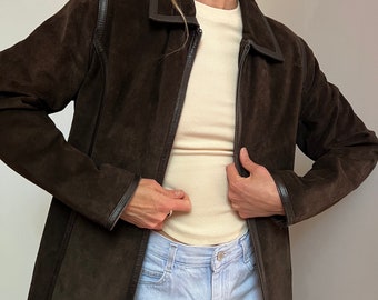 Chaqueta de cuero de ante Vtg con ribete, chaqueta con cremallera de ante marrón chocolate vintage, abrigo de ante, chaqueta camionero