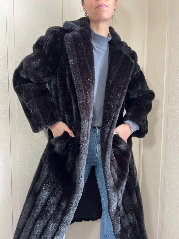Vtg 80s Faux Fur Coat, Vintage Faux Long Coat, Black Fashion Coat