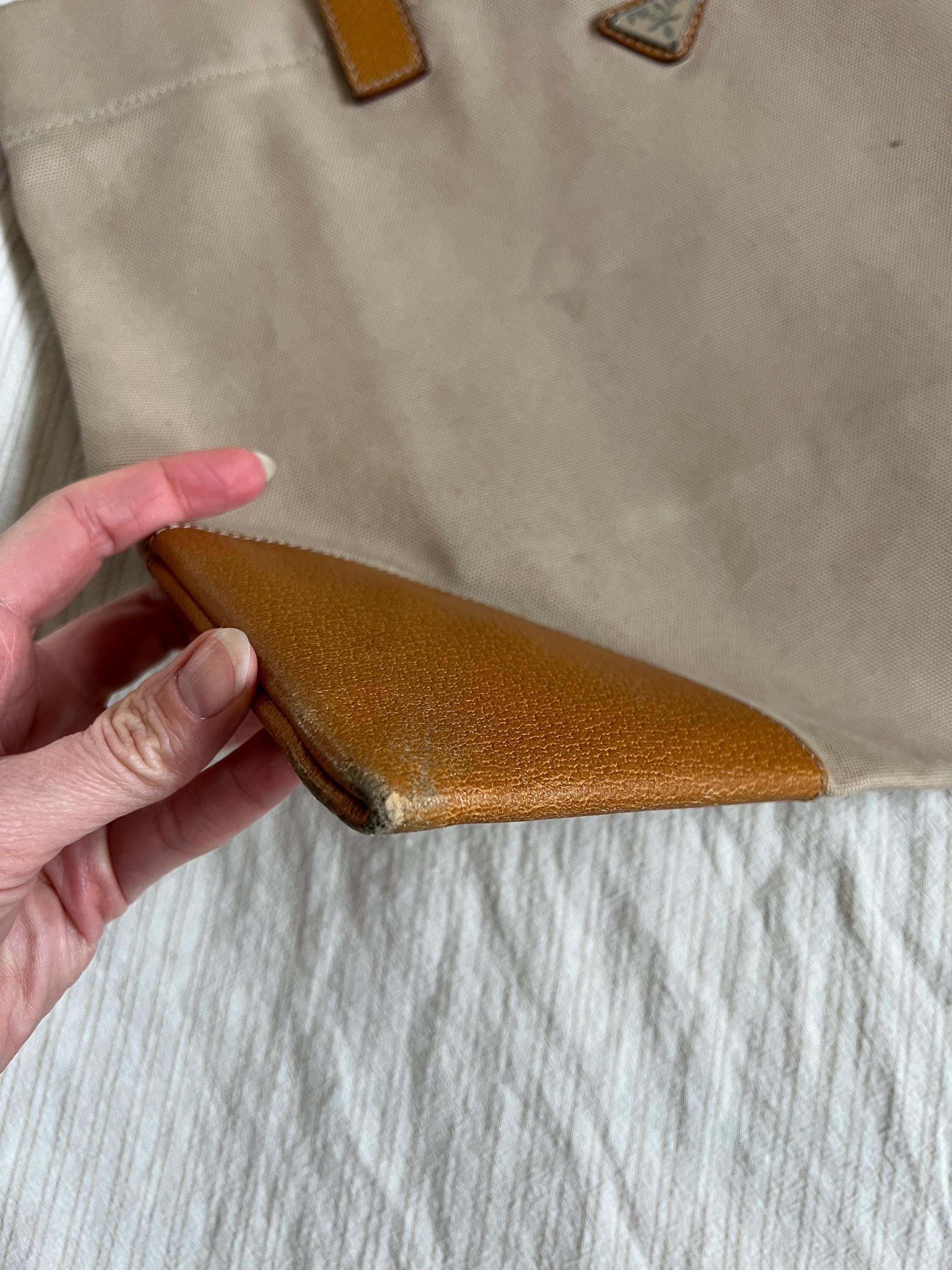 Vtg 90s PRADA Canvas Tote Bag, Prada Tan Canvas and Leather