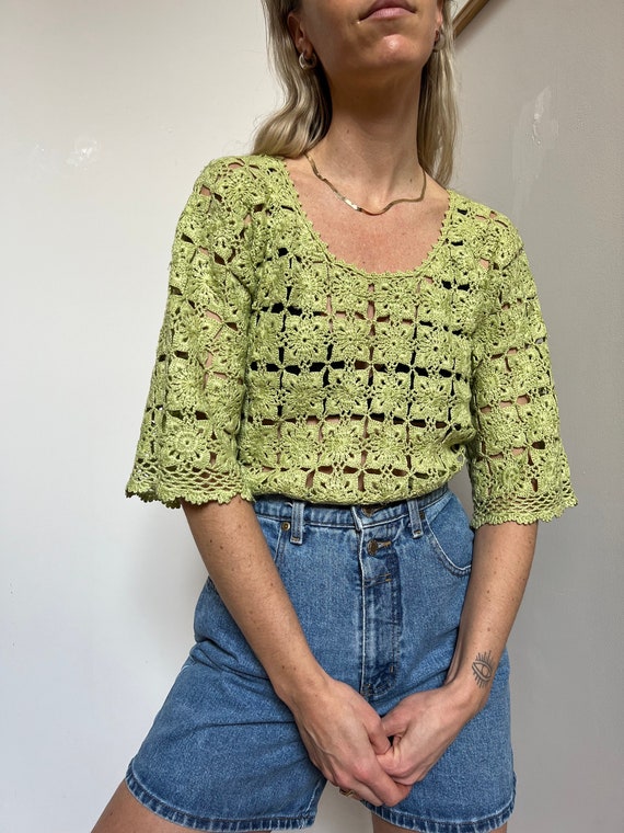 Vtg Hand-Knit Patchwork Crochet Top, Vintage Lime… - image 1