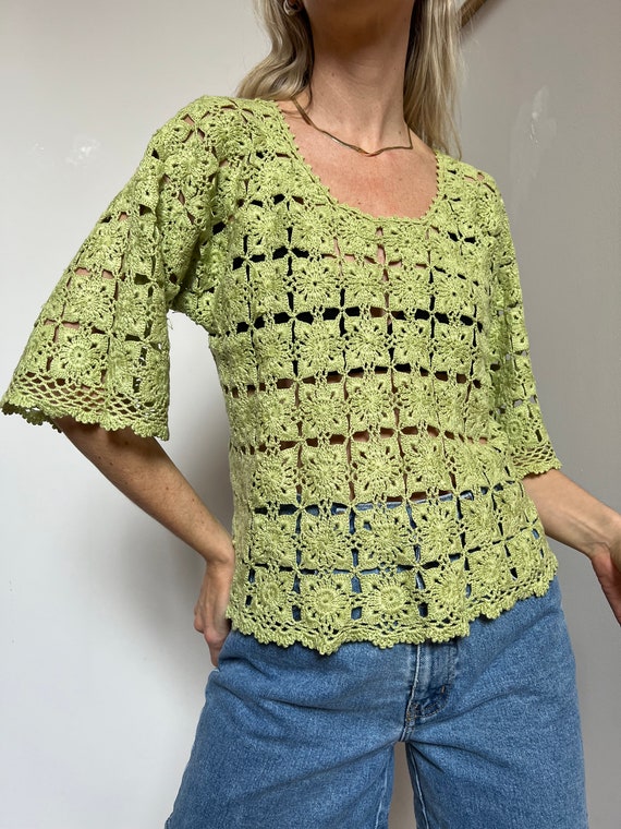 Vtg Hand-Knit Patchwork Crochet Top, Vintage Lime… - image 4