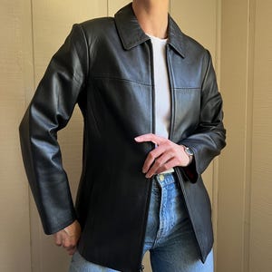 Vtg 90s Minimal Leather Jacket, Vintage Black Short Trench Coat, 90s Y2K Black Leather Jacket