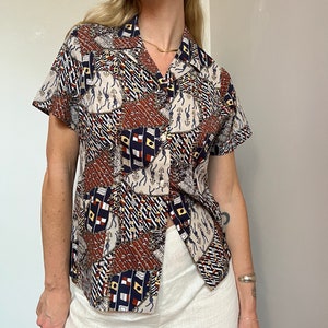 Vtg 70s Nautical Blouse, Vintage HandMade Navy Blue Red Yellow White Patchwork Blouse with Short Sleeve, Nautical Chic Collared Oxford