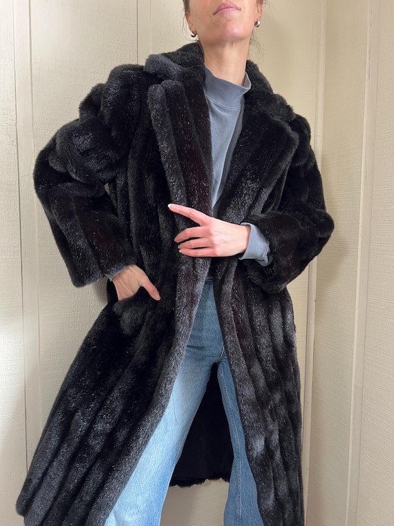 Vtg 80s Faux Fur Coat, Vintage Faux Long Coat, Black Fashion Coat View 3