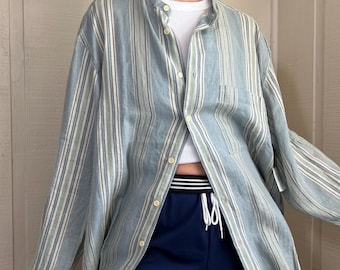 Camisa vintage de lino a rayas con botones, top vintage de hombre a rayas azules y blancas sin cuello, Oxford de lino