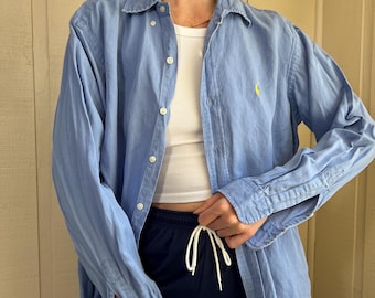Ralph Lauren linnen button-up, vintage blauw linnen shirt met lange mouwen, herenstrandtop, overhemd met kraag