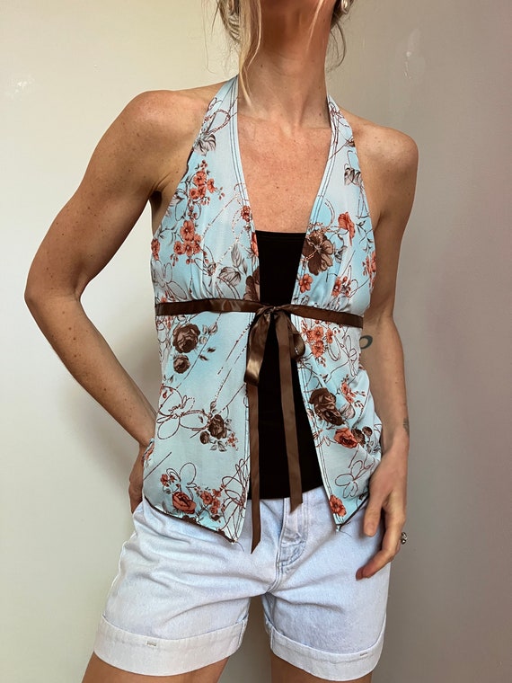 Vtg 90s Party Tank, Vintage Sky Blue Brown Coral F