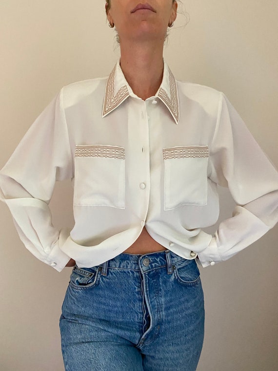 Vintage White Embroidered Collar Blouse, 80s Whit… - image 8