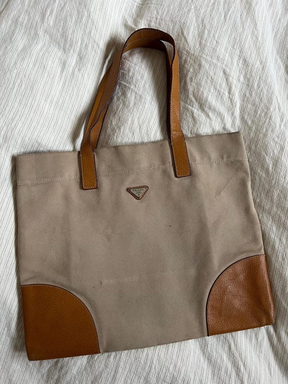 Vtg 90s PRADA Canvas Tote Bag, Prada Tan Canvas and Leather