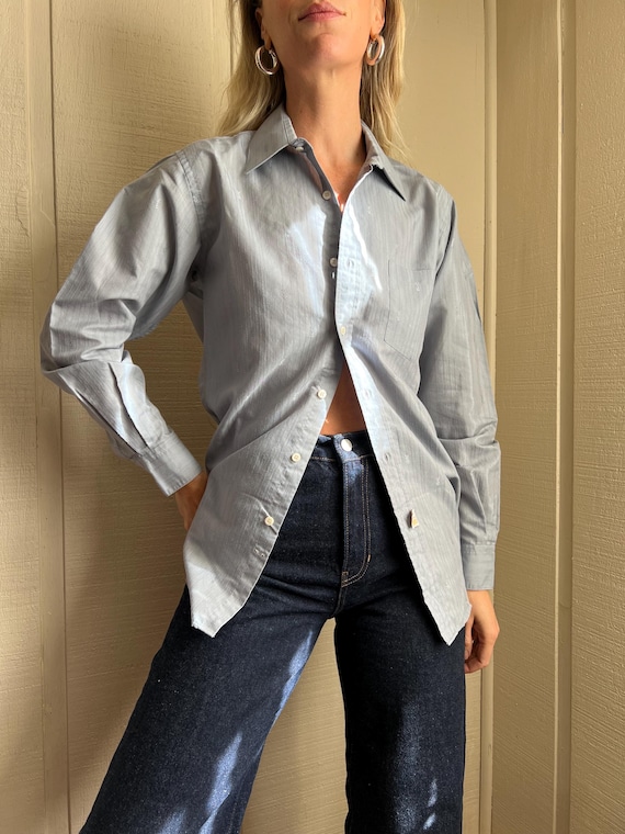 Vtg YSL Logo Monogram Oxford, YSL Silver Gray Button Down