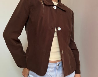 Chaqueta Vtg Silk Crop Blazer, Top blazer de seda marrón chocolate vintage, abrigo deportivo boxy de los años 90, chaqueta de seda para mujer