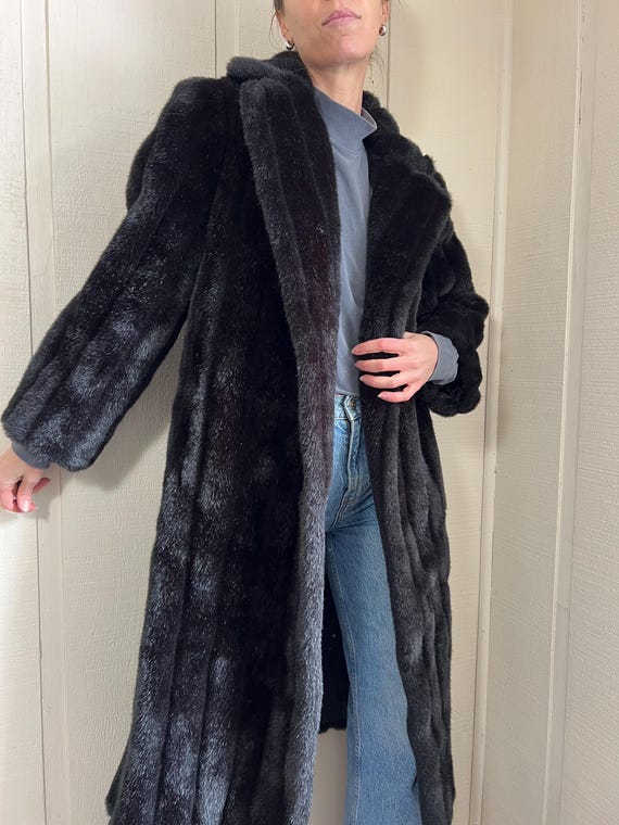 Vtg 80s Faux Fur Coat, Vintage Faux Long Coat, Black Fashion Coat View 4