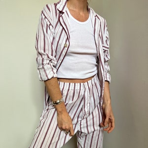 Vtg Pajama Set, Vintage 2 Piece Stripe Top and Pant Set, Red Stripe Collared Mens PJ Stripe Set, Cotton Blend Long Sleeve and Pant Twin Set