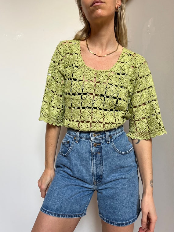 Vtg Hand-Knit Patchwork Crochet Top, Vintage Lime… - image 3