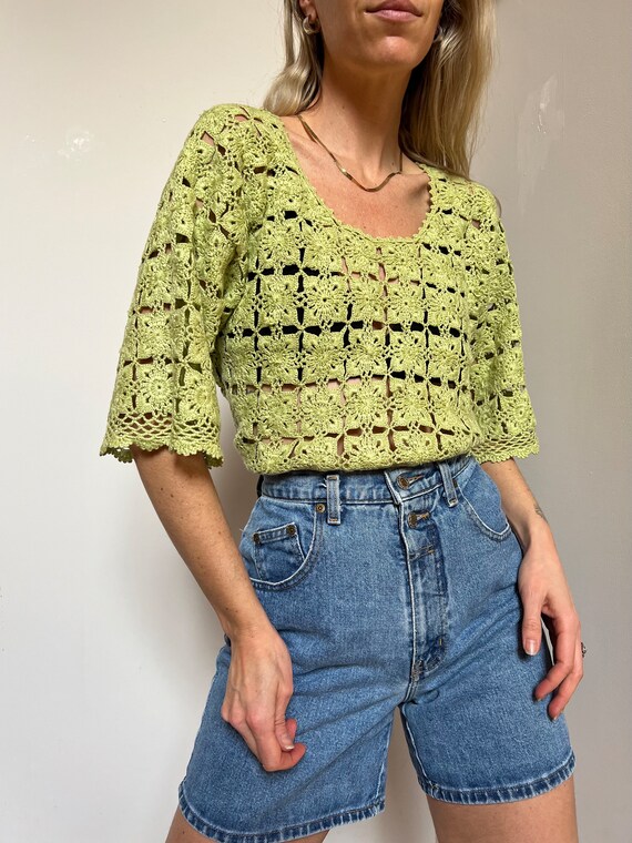 Vtg Hand-Knit Patchwork Crochet Top, Vintage Lime… - image 2