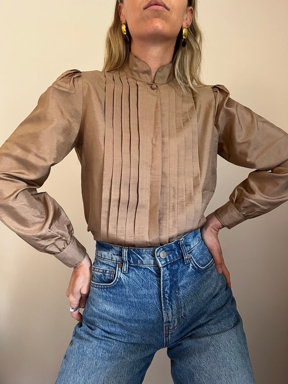 Vintage Romantic Pleated Blouse, 80s Taupe Brown B