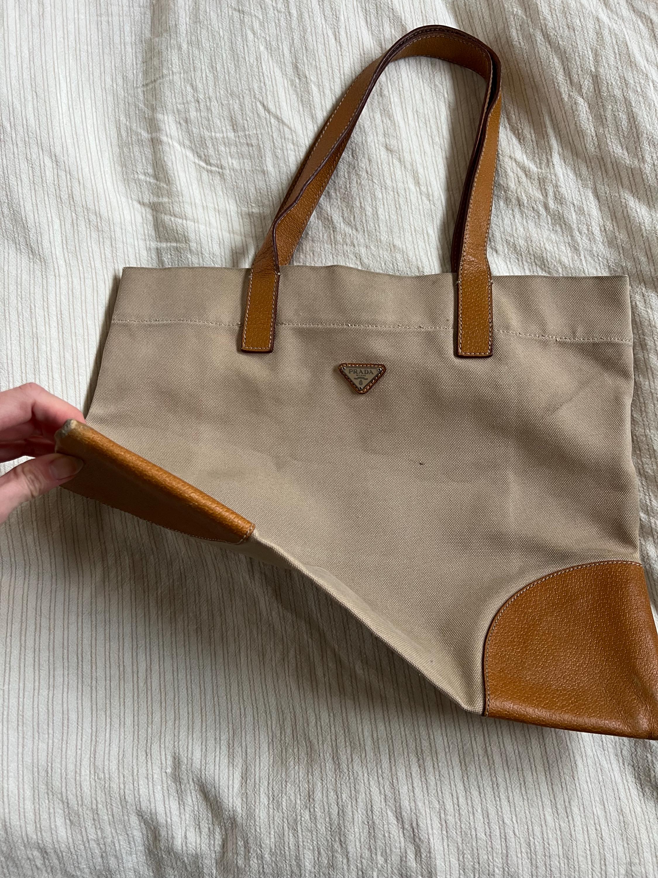 Vtg 90s PRADA Canvas Tote Bag, Prada Tan Canvas and Leather