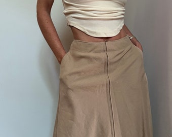 Vtg 26-27" Italian Linen Midi Skirt, Vintage 90s Talbots Bell Skirt, Tan Brown Long Skirt with Pockets, Vintage 4 Petite Skirt