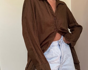 Vtg Linen Oxford Blouse, Vintage Y2K Chocolate Brown Tunic Blouse, Linen Button Up Oxford Shirt