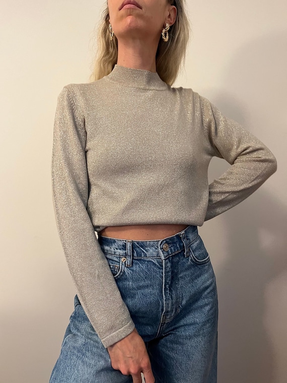 Vintage Metallic Mockneck Knit, Silver Turtleneck 