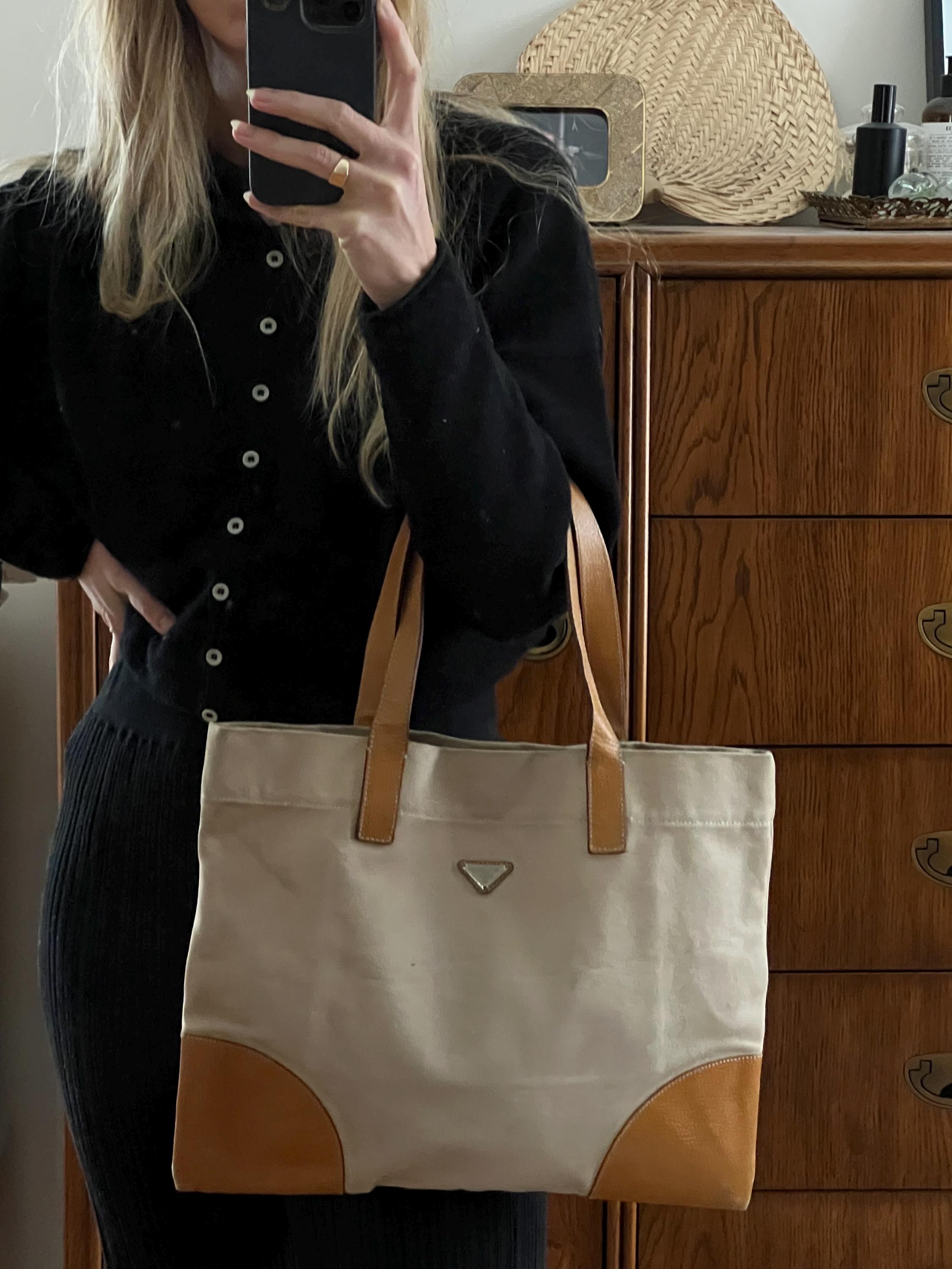 Vtg 90s PRADA Canvas Tote Bag, Prada Tan Canvas and Leather