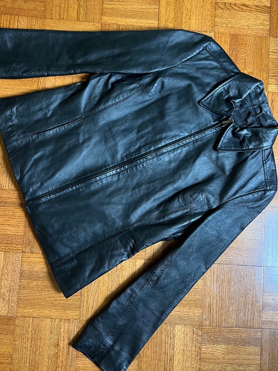 Vtg 90s Leather Jacket, Vintage Black Short Coat,… - image 10