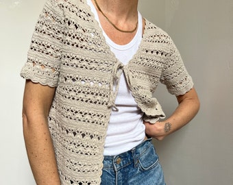 Vtg 90s Tie Front Crochet Cardigan, Vintage Beige Open Knit Short Sleeve Sweater, Crocheted Macrame Sweater, Cottage Core