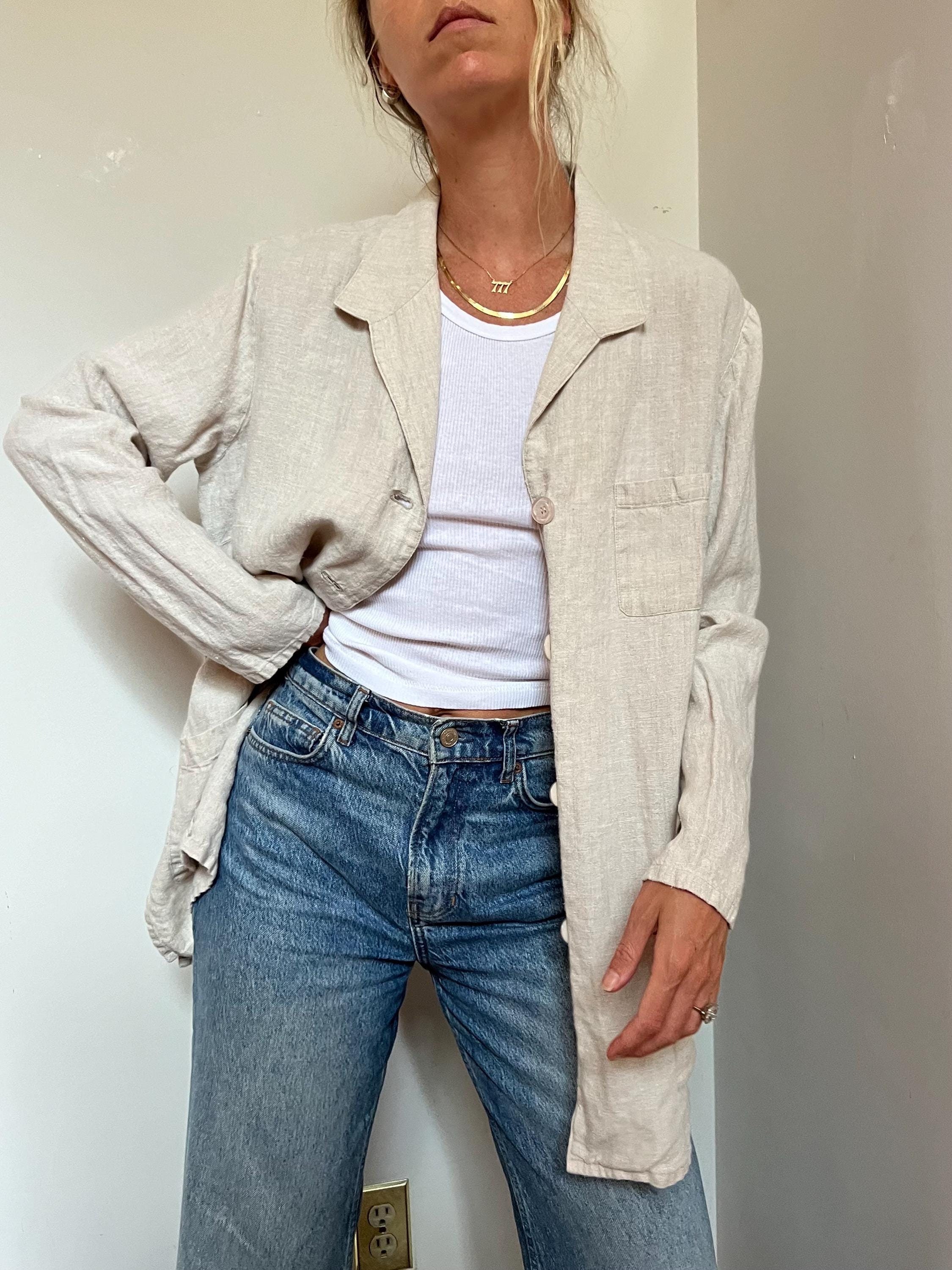Vtg 90s Linen Blazer, Vintage Linen Chore Shirt Jacket