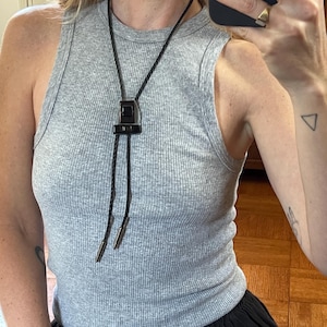 Vtg 80s Abstract Bolo Necklace, Vintage Leather Statement Bolo, Artisan Bolo