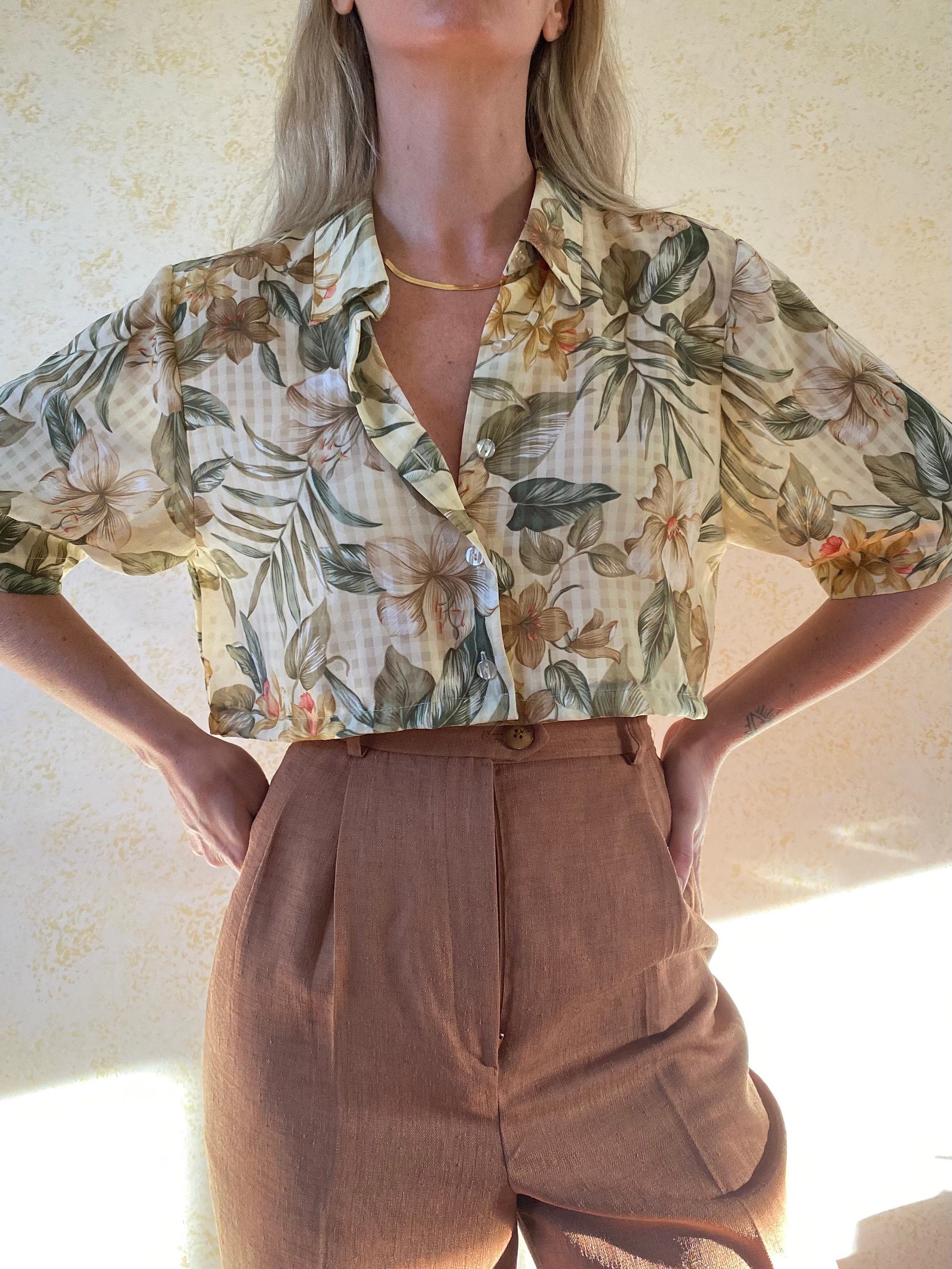 Vintage Sheer Grid Crop Blouse Hawaiian 