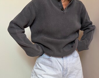 Vtg J. Crew Cotton Polo Sweater Knit, Vintage Slate Blue Cotton Sport Sweater, 1/4 Snap Button Pullover Knit, Collared Sweater