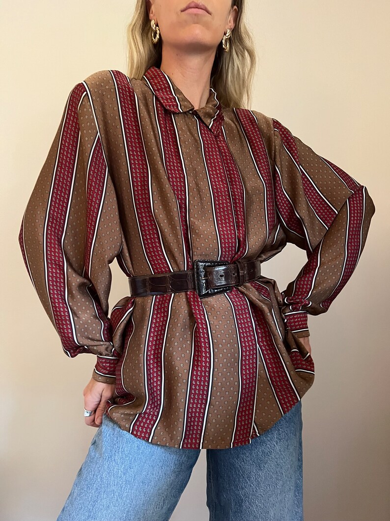 Vintage Medallion Striped Blouse, Brown Red White Black Stripe Blouse