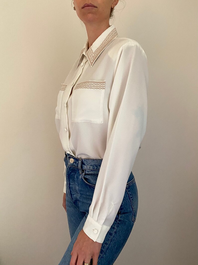 Vintage White Embroidered Collar Blouse 80s White Blouse Etsy