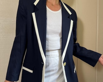 VTG chique marineblauwe blazer met witte rand, vintage nautisch chique marineblauwe en witte sportjas, Sailing Core-blazer, gemaakt in de VS